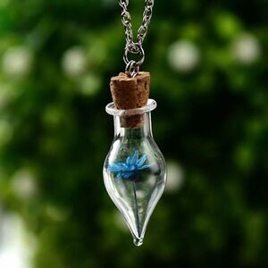 Blue Dried Flower Glass Bottle Necklace
